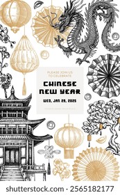 Chinese New Year invitation template. Lunar New Year greeting card design. China hand drawn vector illustrations. NOT AI generated
