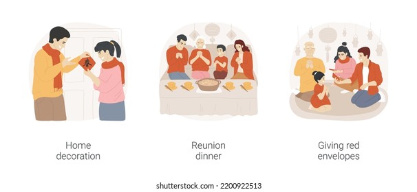 Chinese New Year Isolated Cartoon Vector Illustration Set. Handmade Home Decoration, Diverse Family Having Dinner, Giving Red Envelopes As Presents, Chinese New Year Celebration Vector Cartoon.