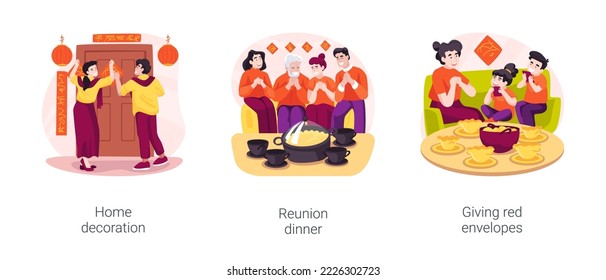 Chinese New Year Isolated Cartoon Vector Illustration Set. Handmade Home Decoration, Diverse Family Having Dinner, Giving Red Envelopes As Presents, Chinese New Year Celebration Vector Cartoon.