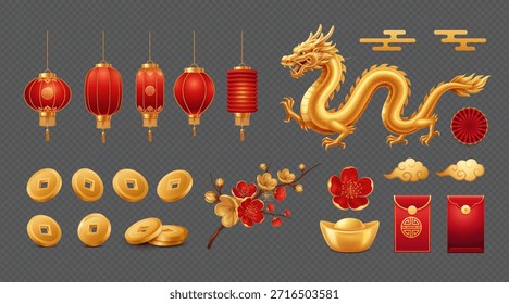 Elementos aislados del año Nuevo chino fijados con el dragón dorado, las linternas, las monedas y el angpao