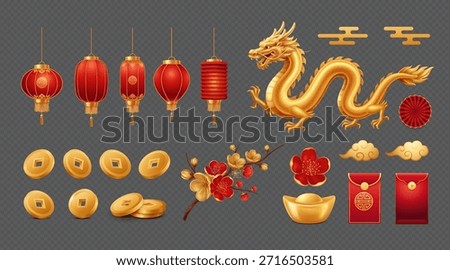 Chinese New Year Isolated Elements Set with Golden Dragon, Lanterns, Coins and Angpao