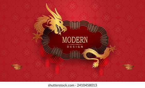Chinese New Year. Isolated frame with dragon on a textured red background.
