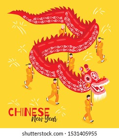 Chinese new year isometric poster in red and gold colors illustrated traditional festive dragon dance cartoon vector illustration 