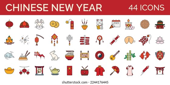 Chinese new year item set in color outline style. 2023 Rabbit and Lunar New Year. 44 icons. vector illustration design. 