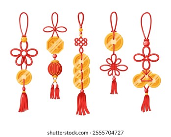 Chinese New Year knots with gold coins flat color vector objects set. Asian festive prosperity symbols illustrations bundle on white background