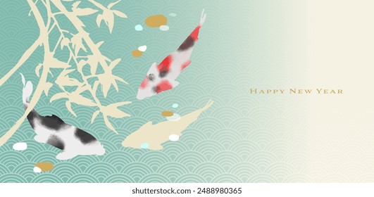 chinese new year koi fish background and wallpaper. chinese elegant, modern, simple, abstruct decoration. asian oriental cover. traditional decoration. leaves and fish. light green season greeting.