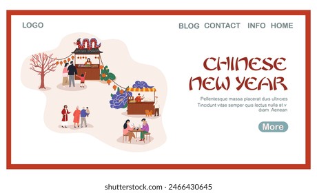 Página de aterrizaje del año Nuevo chino, Anuncio de Web, fondo. La ilustración utiliza caracteres chinos para representar la frase “¡Feliz Año Nuevo!”