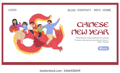 Página de aterrizaje del año Nuevo chino, Anuncio de Web, fondo. La ilustración utiliza caracteres chinos para representar la frase “¡Feliz Año Nuevo!”