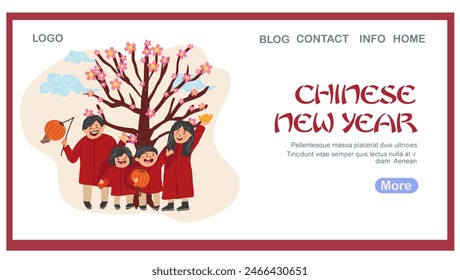 Página de aterrizaje del año Nuevo chino, Anuncio de Web, fondo. La ilustración utiliza caracteres chinos para representar la frase “¡Feliz Año Nuevo!”