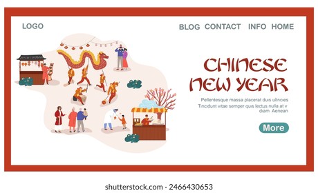 Página de aterrizaje del año Nuevo chino, Anuncio de Web, fondo. La ilustración utiliza caracteres chinos para representar la frase “¡Feliz Año Nuevo!”