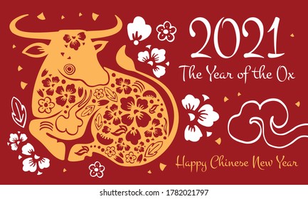 Chinese New year landscape print template. Year of the Ox. Traditional papercut illustration. Hand drawn vector graphic. Laying cow and decorations. Yellow on red background
