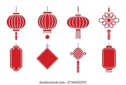 Chinese new year lantern decorations set, hanging tassel ornaments, red diamond charm, festival decor, lunar spring festival vector icons
