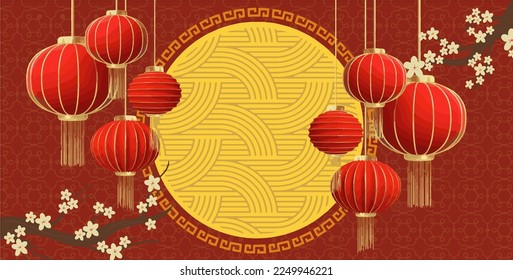 Chinese new year with lantern, flower and golden circle