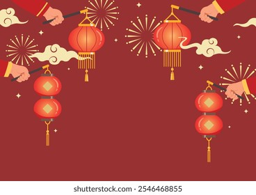 Chinese new year lanterns banner, Hands holding Red traditional Chinese, Decorations for the Chinese New Year. 