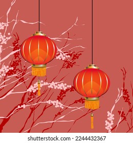 linternas chinas de año nuevo con flores de cerezo en el fondo