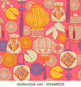 Chinese new year, lanterns and coins.