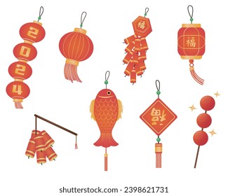 Chinese New Year lanterns firecrackers candied haws elements gradient color style vector illustration