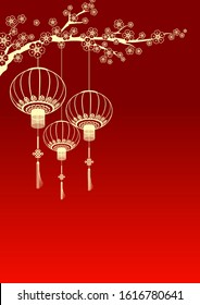 Chinese New Year lanterns hang on the Japanese apricot tree branches on red gradient background. Chinese lanterns flat vector. Illustration of traditional lanterns and oriental decoration of China.