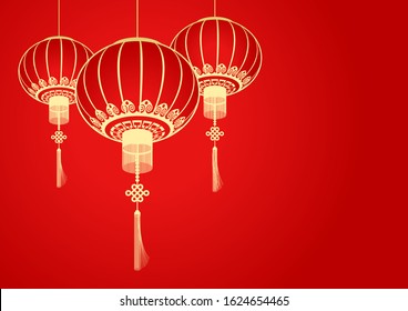 Chinese New Year lanterns hang on the red Chinese plum tree branches. Red and Golden Chinese lanterns vector. Illustration of traditional lanterns and oriental decoration of China.