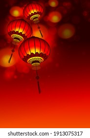 Chinese New Year lanterns hang on the top with light of lanterns in the dark sky background. Red Chinese lanterns vector. Illustration of traditional lanterns and oriental decoration of China.