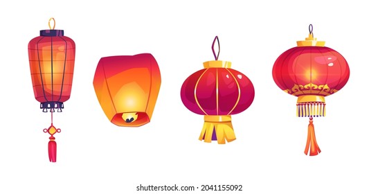 Chinese New Year lanterns isolated on white background. Vector different types of China red burning lamps symbols of happiness, prosperity and longevity. Asian spring festival interior decoration