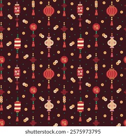 Chinese New Year lanterns and lucky charms on maroon vector seamless pattern design.