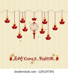 Chinese New Year lettering and Chinese New Year decorative elements. Vector Illustration.
