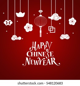 Chinese New Year lettering and Chinese New Year decorative elements. Vector Illustration.