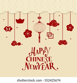 Chinese New Year lettering and Chinese New Year decorative elements. Vector Illustration.