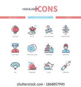 Chinese New Year - line design style icons set. Holiday traditions and symbols idea. Lantern, lotus, fire crackers, knot, happy girl and boy, feng shui coins, vacation, fan, tangerine, food, firework