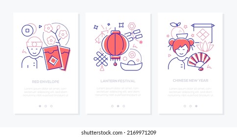 Chinese New Year - line design style banners set with place for text. Sakura, lucky coins, red envelope and paper lantern, fortune cookies, fan, geisha, tangerine and crackers. Holidays idea