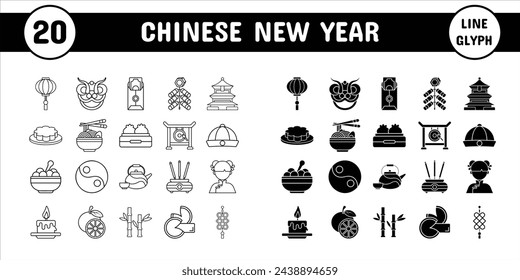 Chinese New Year Line Glyph Vector Illustration Icon Sticker Set Design Materials