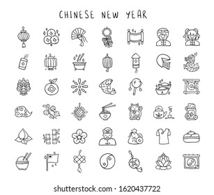 Chinese New Year Line Hand Drawn Icon Set - Black Outline Handmade Icons Or Signs On Traditional Chinese Holiday Topic, Lanterns, Coins, Dragons, Flowers, Lucky Symbols And Other Decorations - Vector