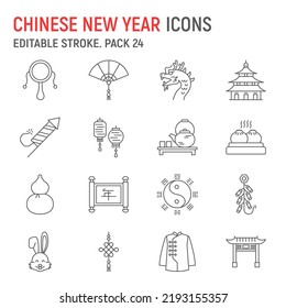 Chinese new year line icon set, 2023 chinese rabbit zodiac, travel collection, vector graphics, logo illustrations, Chinese new year vector icons, asia signs, outline pictograms, editable stroke