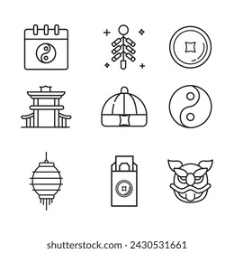 Chinese New Year line icon set. Included the icons as rooster, lion, orange, money, red envelope, cracker and more.