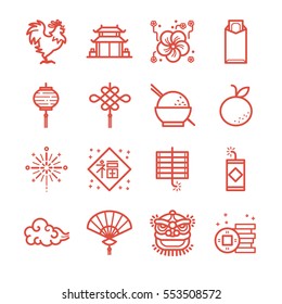 Chinese New Year line icon set. Included the icons as rooster, lion, orange, money, red envelope, cracker and more.