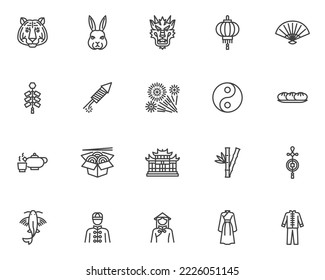 Chinese New Year line icons set. Oriental culture linear style symbols collection, outline signs pack. Asian New Year vector graphics. Set includes icons as Lantern, Fireworks rocket, Chinese zodiac