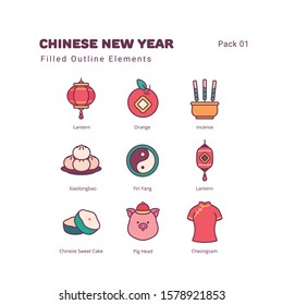 Chinese New Year linear color illustration elements icons