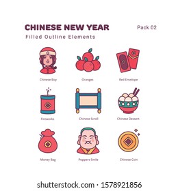 Chinese New Year linear color illustration elements icons