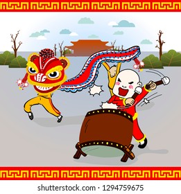 Chinese New Year lion dance and smiley head playing drum