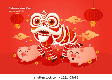 Chinese New Year with Lion Dance - All elements on this template are editable with vector software