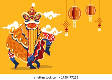 Chinese New Year Lion Dance with Jump and Scroll Vector