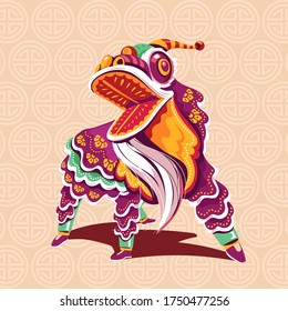 Chinese New Year Lion Dance with Jump and Scroll Vector