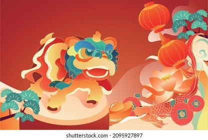 Chinese new year lion dance blessing activity illustration celebrate new year festive national tide poster