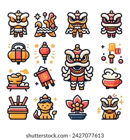 CHINESE NEW YEAR LION DANCE ICON SET VECTOR WITH WHITE BACKGROUND