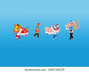 Chinese New Year Lion Dance 3d isometric vector illustration