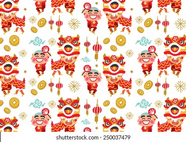 Chinese New Year Lion Dancing pattern - freehand drawing vector Illustration