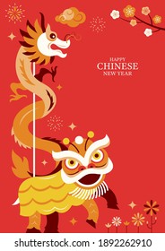 Chinese New Year Lion and Dragon Dance Character Background, Holiday, Greeting and Celebration