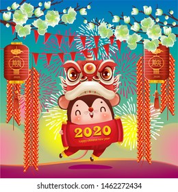 
Chinese New Year. Little rat with holding 2020 sign. lucks year of the rat. Translation: without obstacles. Cartoon vector illustration isolated.