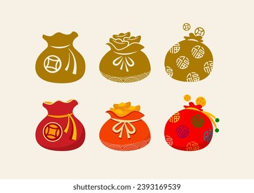 Chinese new year lucky bag icon and vector set. Asian Oriental wealth Traditional graphic. Money and coins. Prosperity and luck. Bring prosperity to you. Lunar new year culture. Lucky charms fortune.